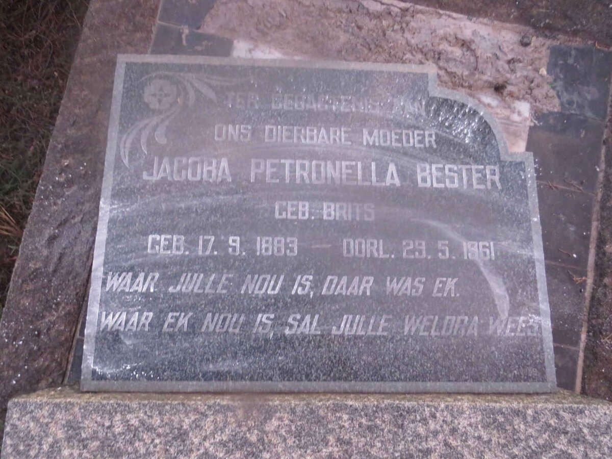 BESTER Jacoba Petronella nee BRITS 1883-1961