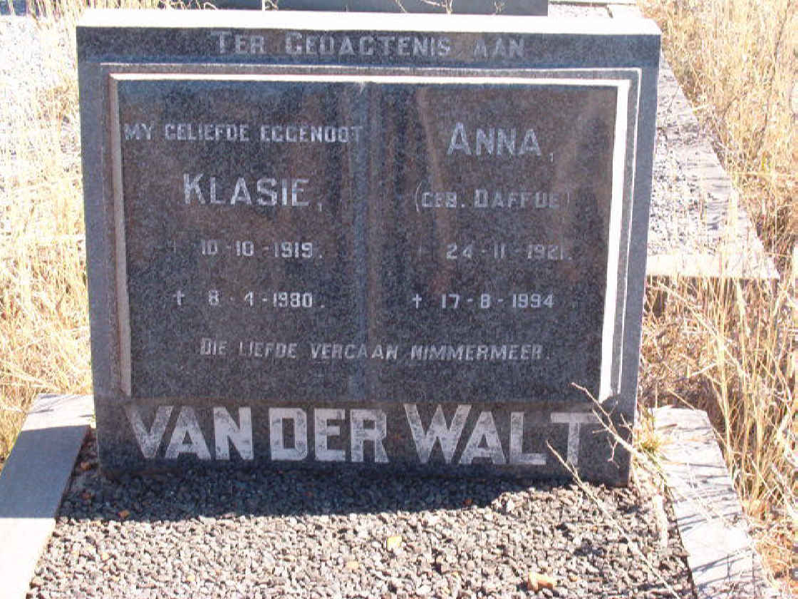 WALT Klasie, van der 1919-1980 &amp; Anna DAFFUE 1921-1994