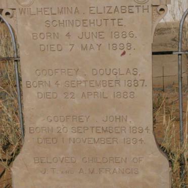 FRANCIS Wilhelmina Elizabeth Schindehutte 1886-1898 :: FRANCIS Godfrey Douglas 1887-1888 :: FRANCIS Godfrey John 1894-1894