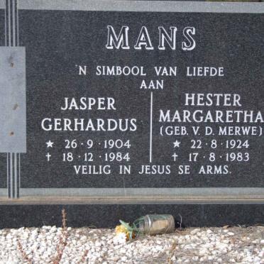 MANS Jasper Gerhardus 1904-1984 &amp; Hester Margaretha V.D. MERWE 1924-1983