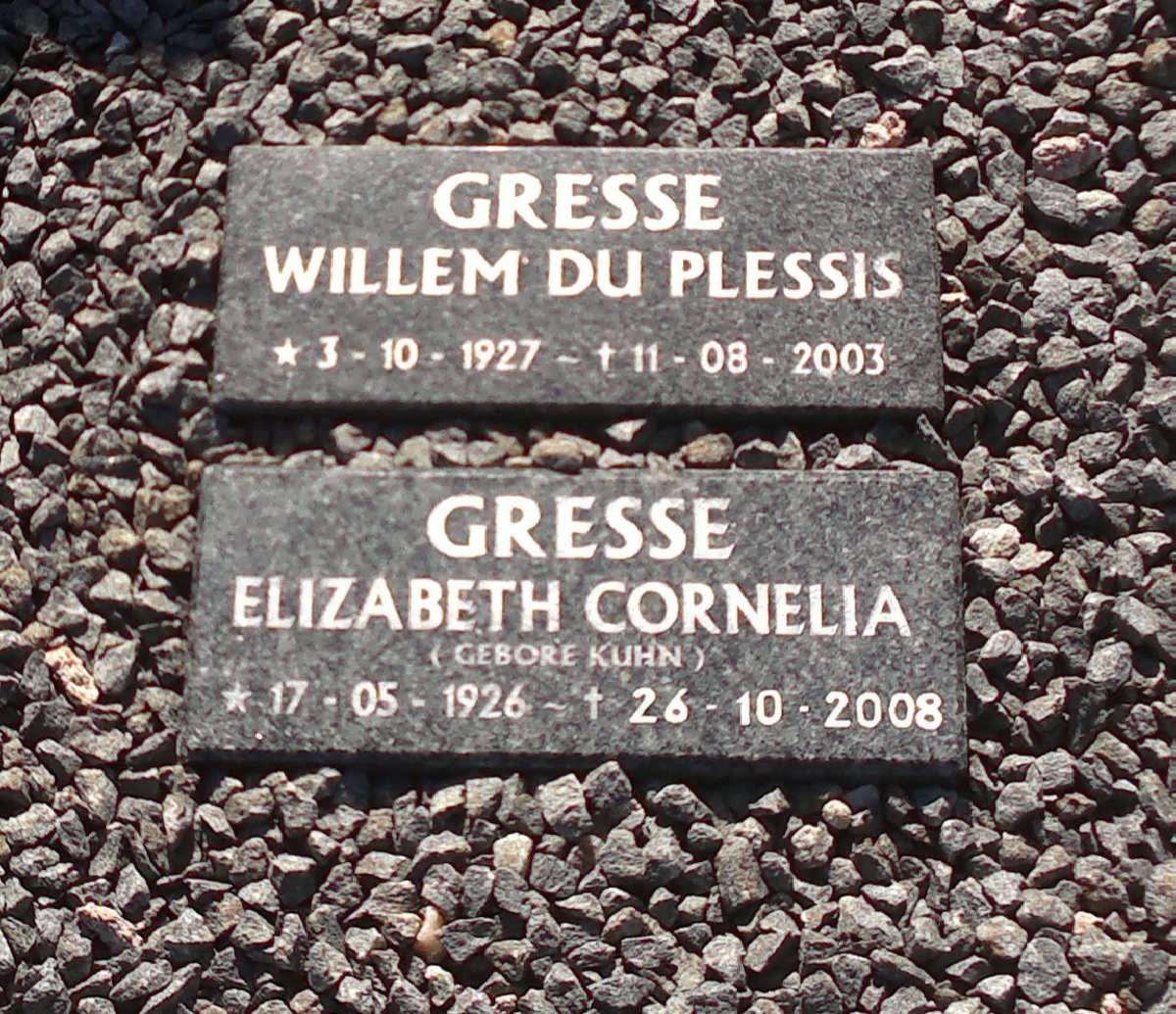 GRESSE Willem Du Plessis 1927-2003 &amp; Elizabeth Cornelia KUHN 1926-2008