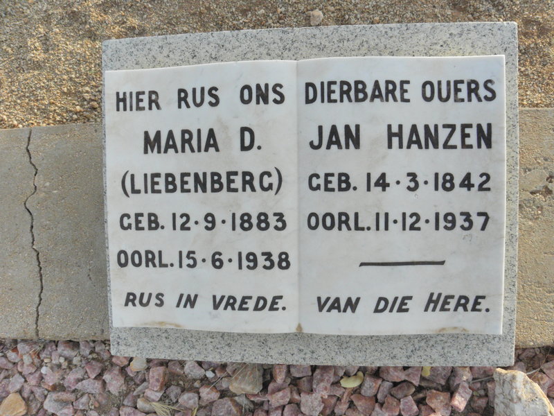 HANZEN Jan 1842-1937 &amp; Maria D. LIEBENBERG 1883-1938