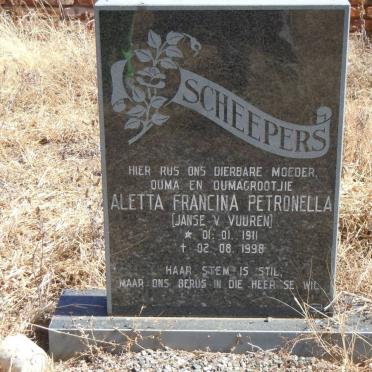 SCHEEPERS Aletta Francina Petronella nee JANSE V VUUREN 1911-1998