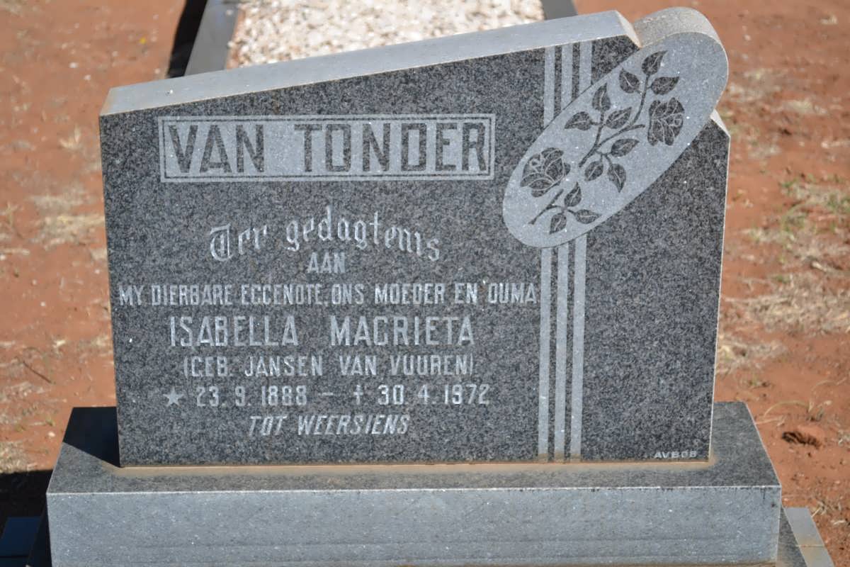 TONDER Isabella Magrieta nee JANSEN VAN VUUREN 1888-1972