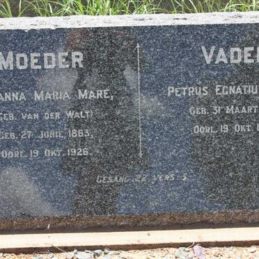 MARE Petrus Egnatius 1861-1939 &amp; Johanna Maria van der WALT 1863-1926
