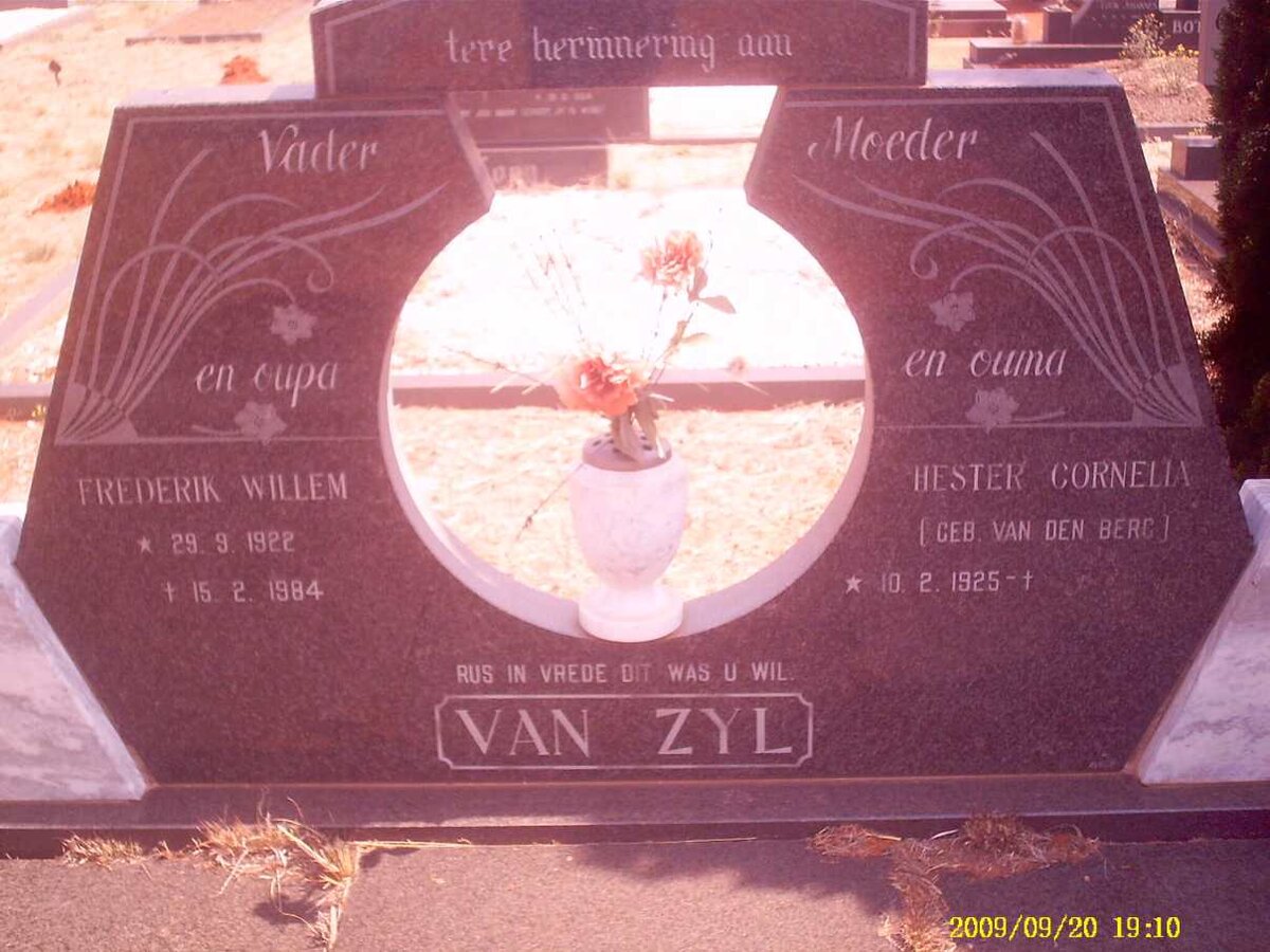 ZYL Frederik Willem, van 1922-1984 &amp; Hester Cornelia VAN DEN BERG 1925-