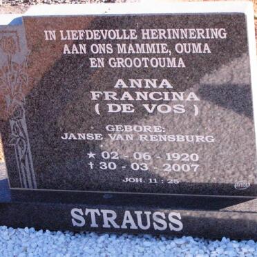 STRAUSS Anna Francina formerly DE VOS nee JANSE VAN RENSBURG 1920-2007