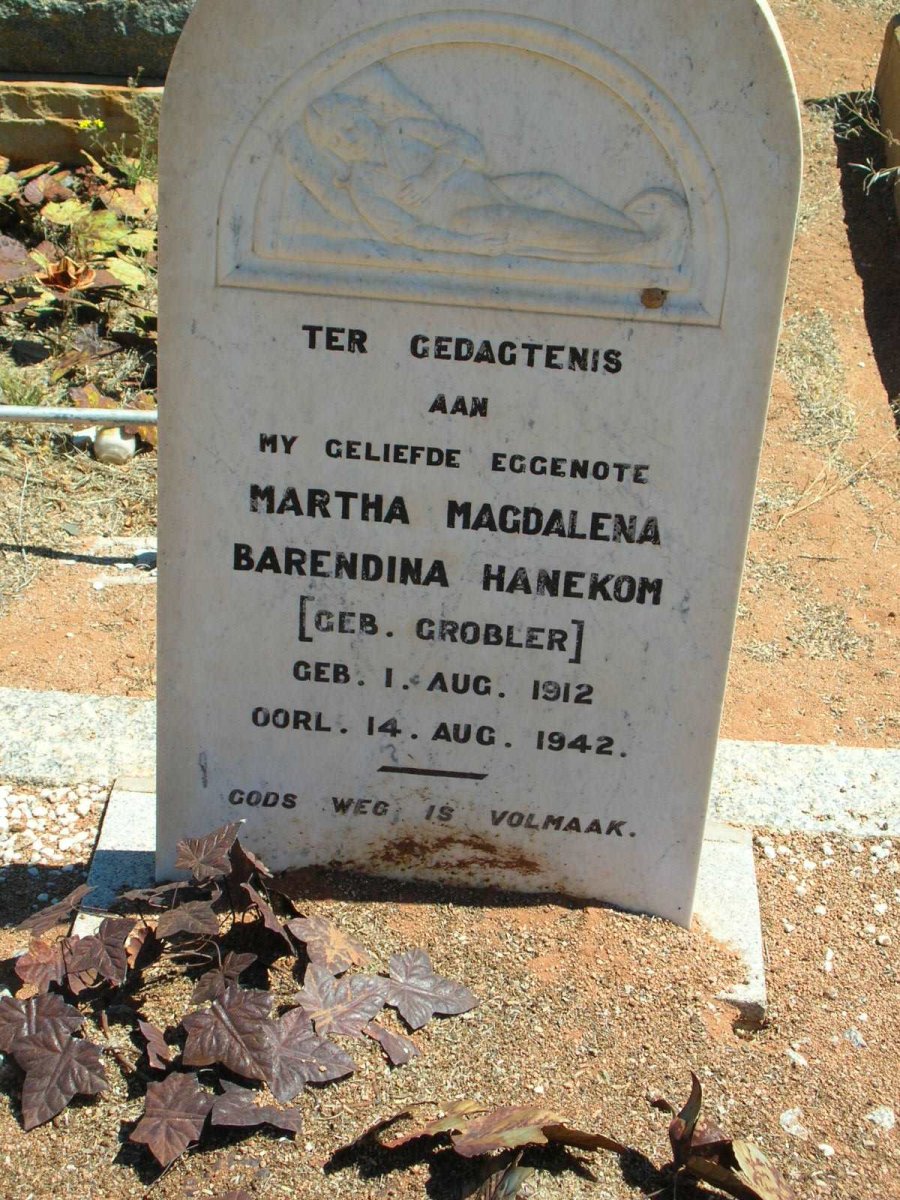 HANEKOM Martha Magdalena Barendina geb. GROBLER 1912-1942