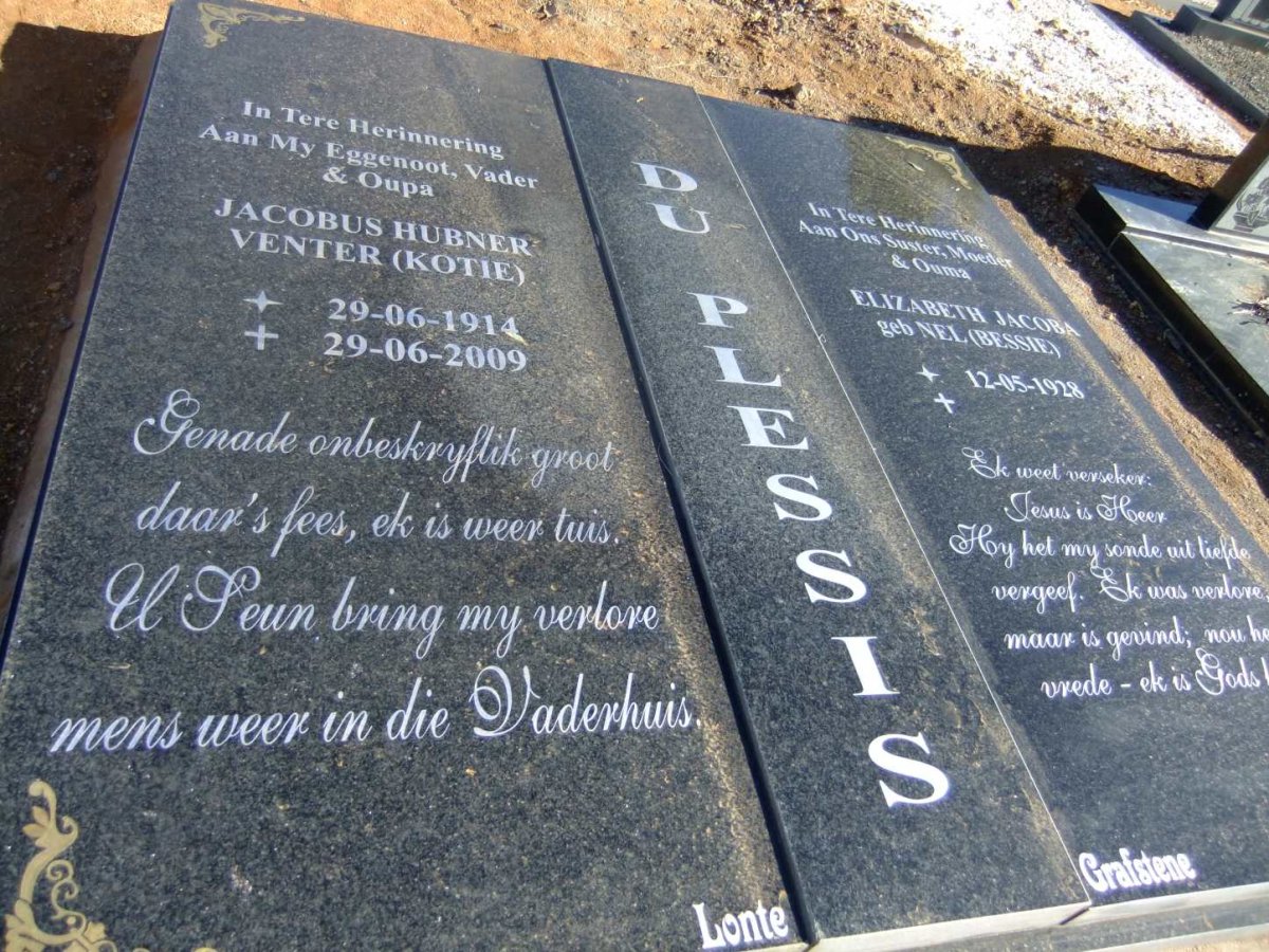 PLESSIS Jacobus Hubner Venter, du 1914-2009 &amp; Elizabeth Jacoba NEL 1928-