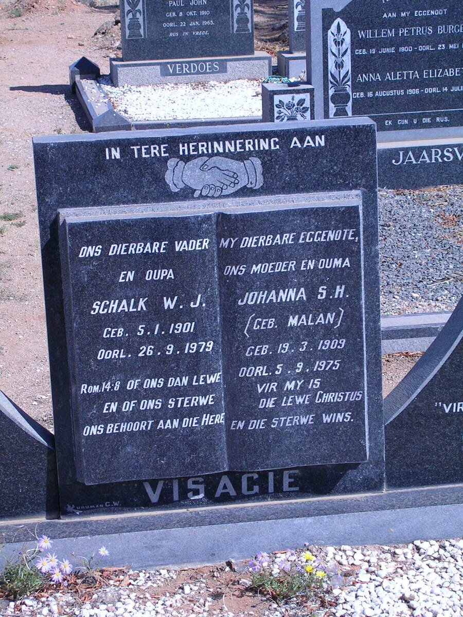 VISAGIE Schalk W.J. 1901-1979 &amp; Johanna S.H. MALAN 1909-1975