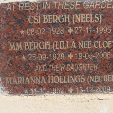 BERGH C.S.J. 1928-1995 &amp; M.M. CLOETE :: HOLLINGS Marianna nee BERGH 1952-2009