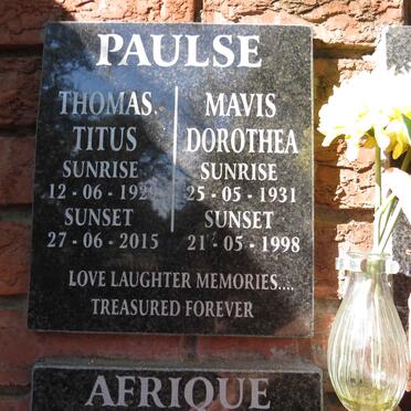 PAULSE Thomas Titus 1929-2015 & Mavis Dorothea 1931-1998