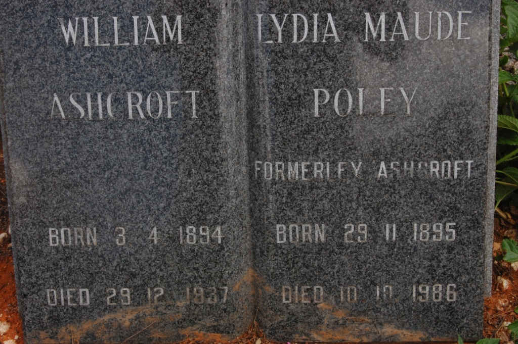 ASHCROFT William 1894-1937 &amp; Lydis Maude POLEY formerly ASHCROFT 1895-1986