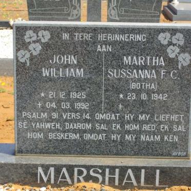 MARSHALL John William 1925-1992 &amp; Martha Sussanna F.C. BOTHA 1942-