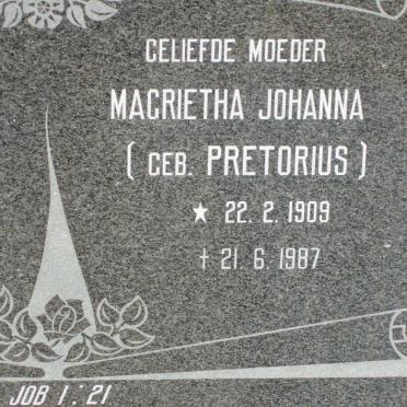 WALT Magrietha Johanna, van der nee PRETORIUS 1909-1987