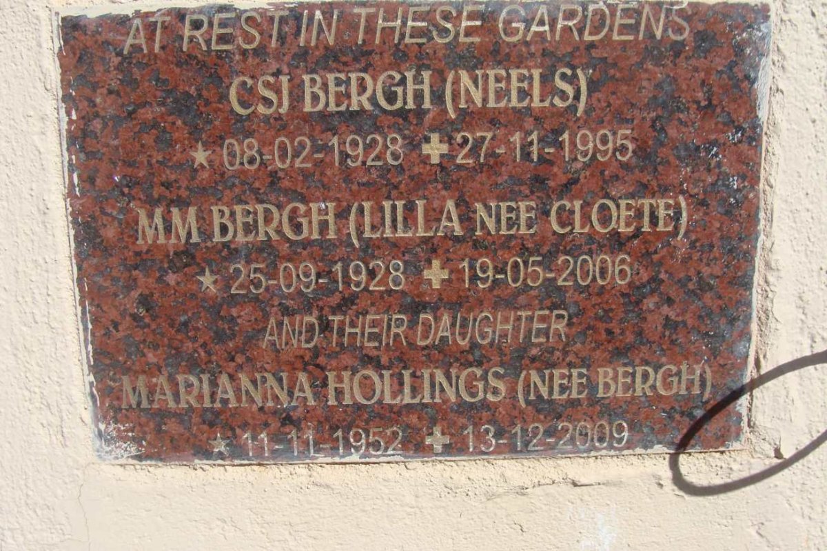 BERGH C.S.J. 1928-1995 &amp; M.M. CLOETE :: HOLLINGS Marianna nee BERGH 1952-2009