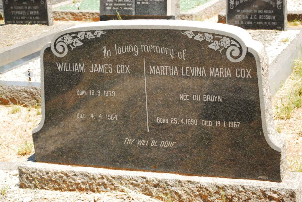 COX William James 1879-1964 &amp; Martha Levina Maria DE BRUYN 1890-1967