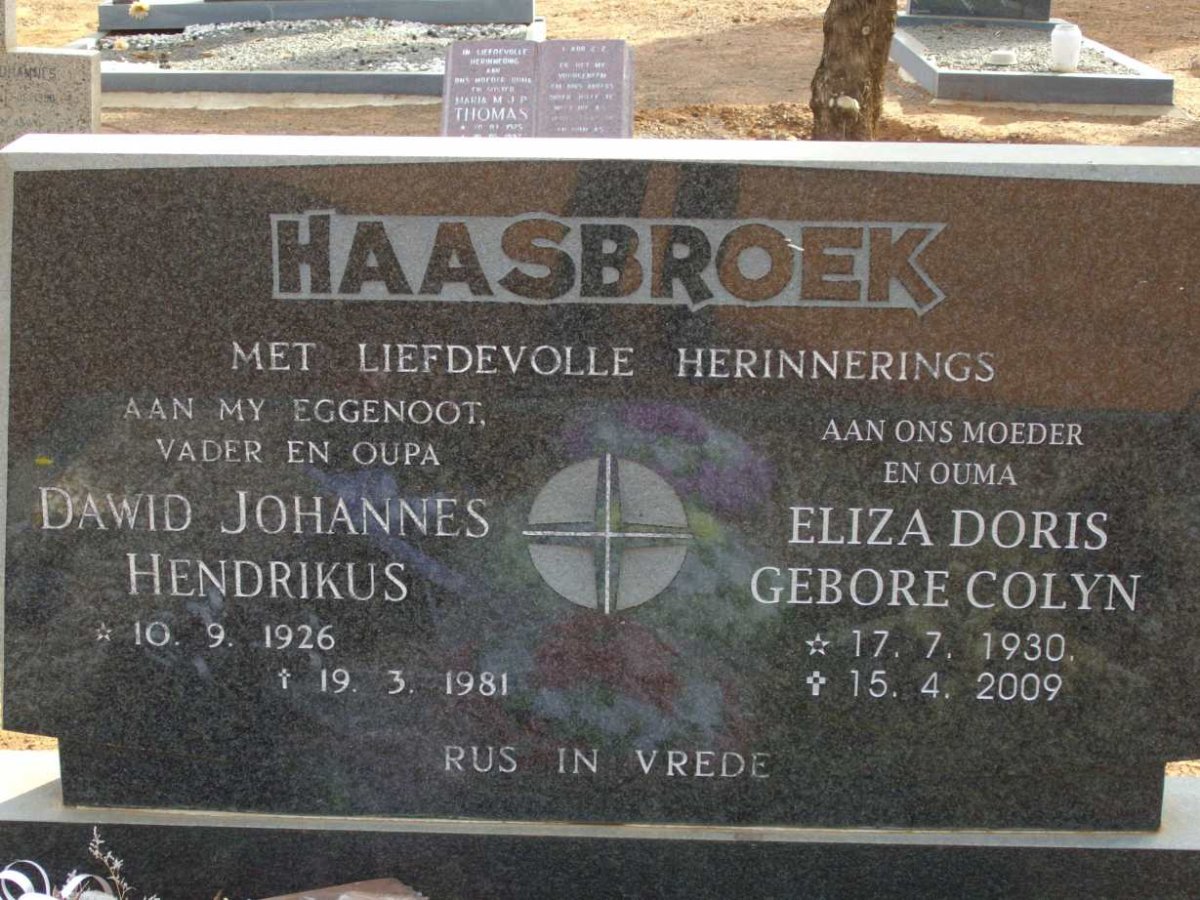 HAASBROEK Dawid Johannes Hendrikus 1926-1981 &amp; Eliza Doris COLYN 1930-2009