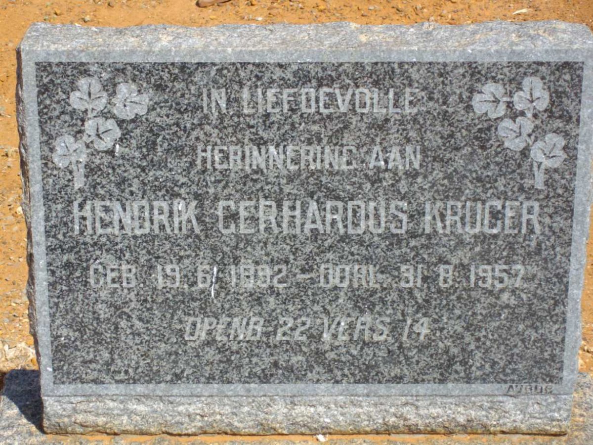 KRUGER Hendrik Gerhardus 1892-1957