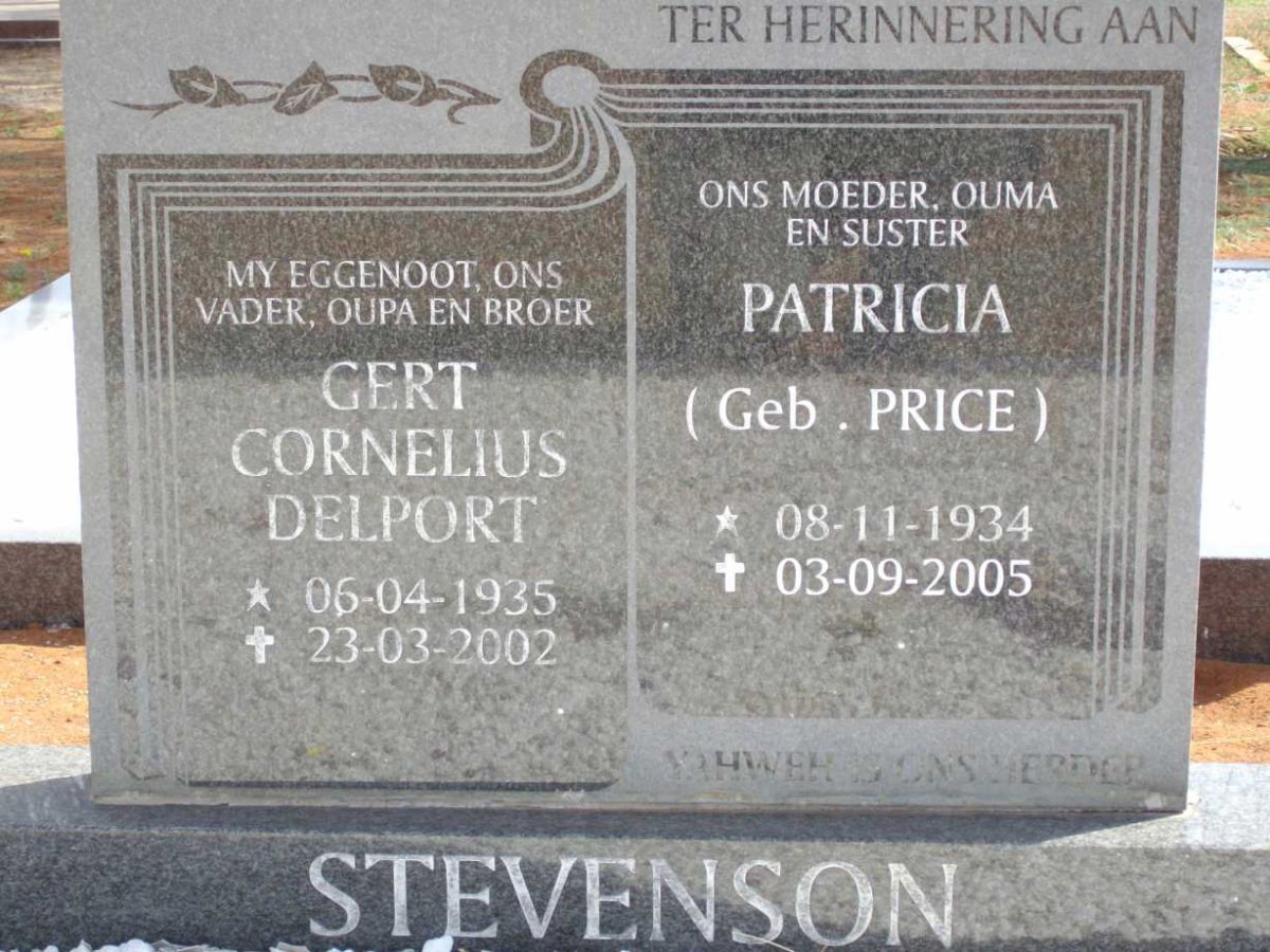 STEVENSON Gert Cornelius Delport 1935-2002 &amp; Patricia PRICE 1934-2005