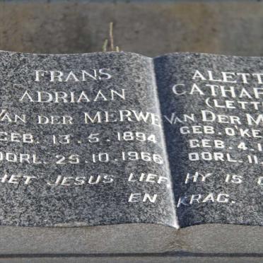 MERWE Frans Adriaan, van der 1894-1966 &amp; Aletta Catharina O'KENNEDY 1895-1990