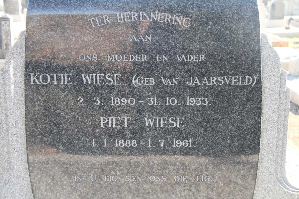 WIESE Piet 1888-1961 &amp; Kotie VAN JAARSVELD 1890-1933