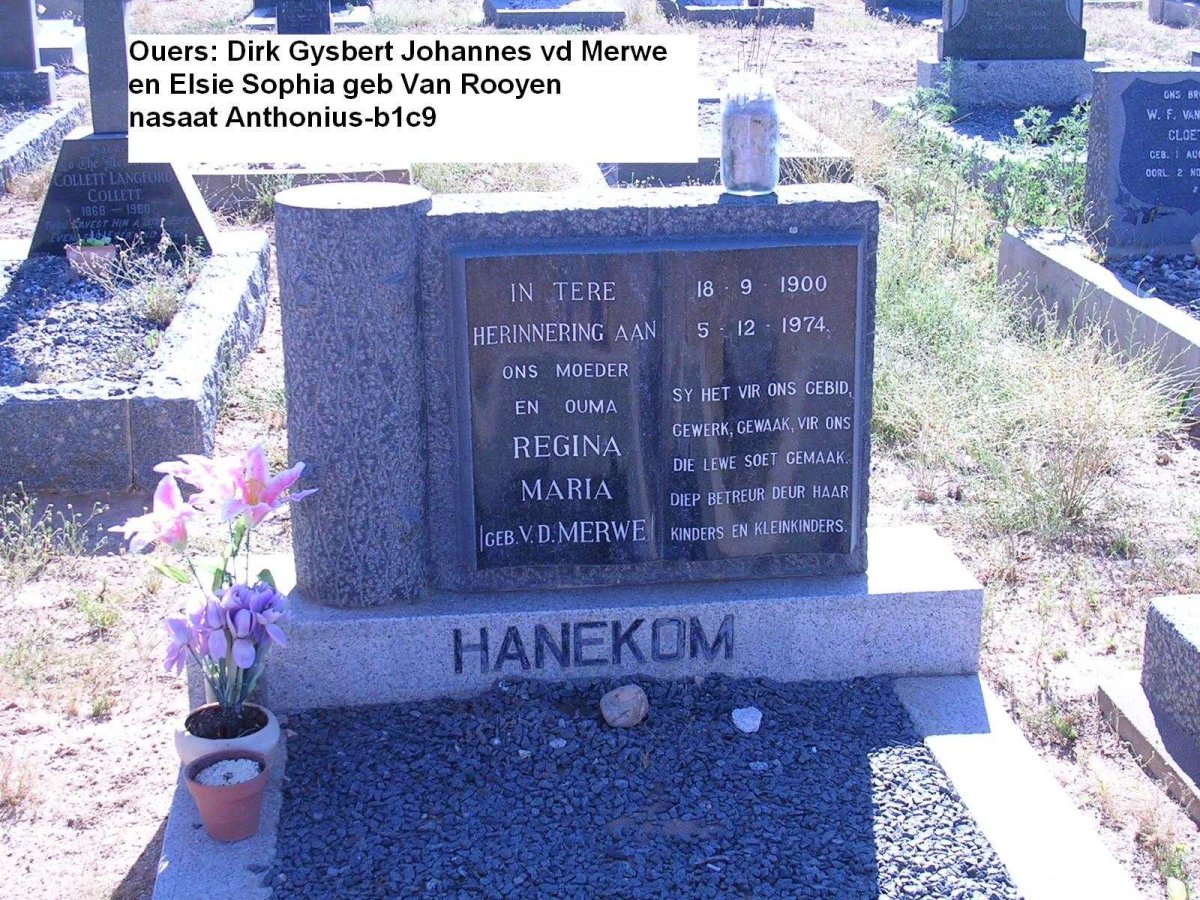 HANEKOM Regina Maria nee V.D. MERWE 1900-1974