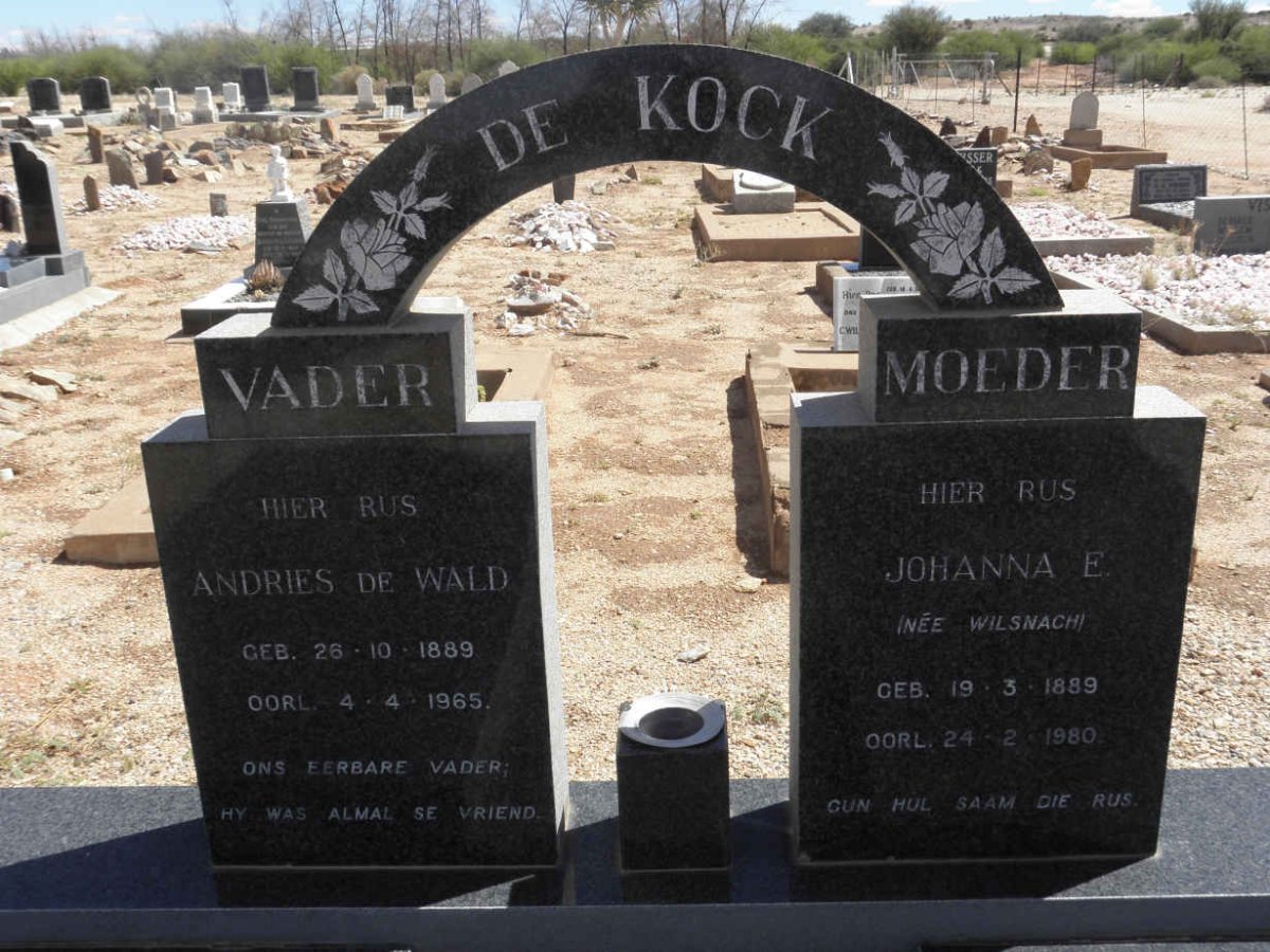 KOCK Andries De Wald, de 1889-1965 &amp; Johanna E. WILSNACH 1889-1980