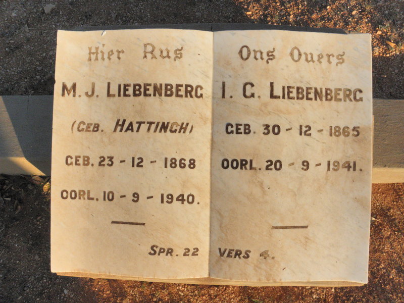 LIEBENBERG I.G. 1865-1941 &amp; M.J. HATTINGH 1868-1940