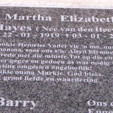 HAYES Martha Elizabeth nee VAN DEN HEEVER 1919-2007