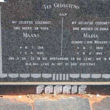 FOURIE Maans 1914-1993 &amp;  Maria VAN NIEKERK 1926-1985