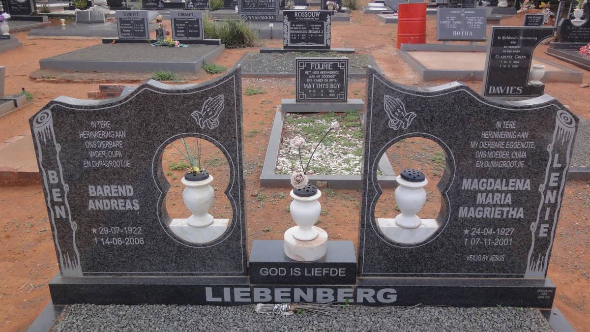 LIEBENBERG Barend Andreas 1922-2006 &amp; Magdalena Maria Magrietha 1927-2001