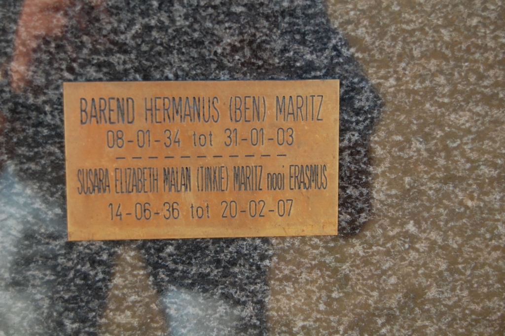 MARITZ Barend Hermanus 1934-2003 &amp; Susara Elizabeth Malan ERASMUS 1936-2007