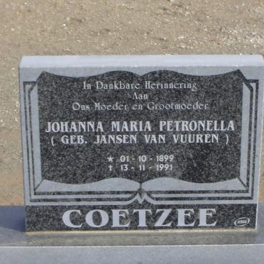 COETZEE Johanna Maria Petronella nee JANSEN VAN VUUREN 1899-1991