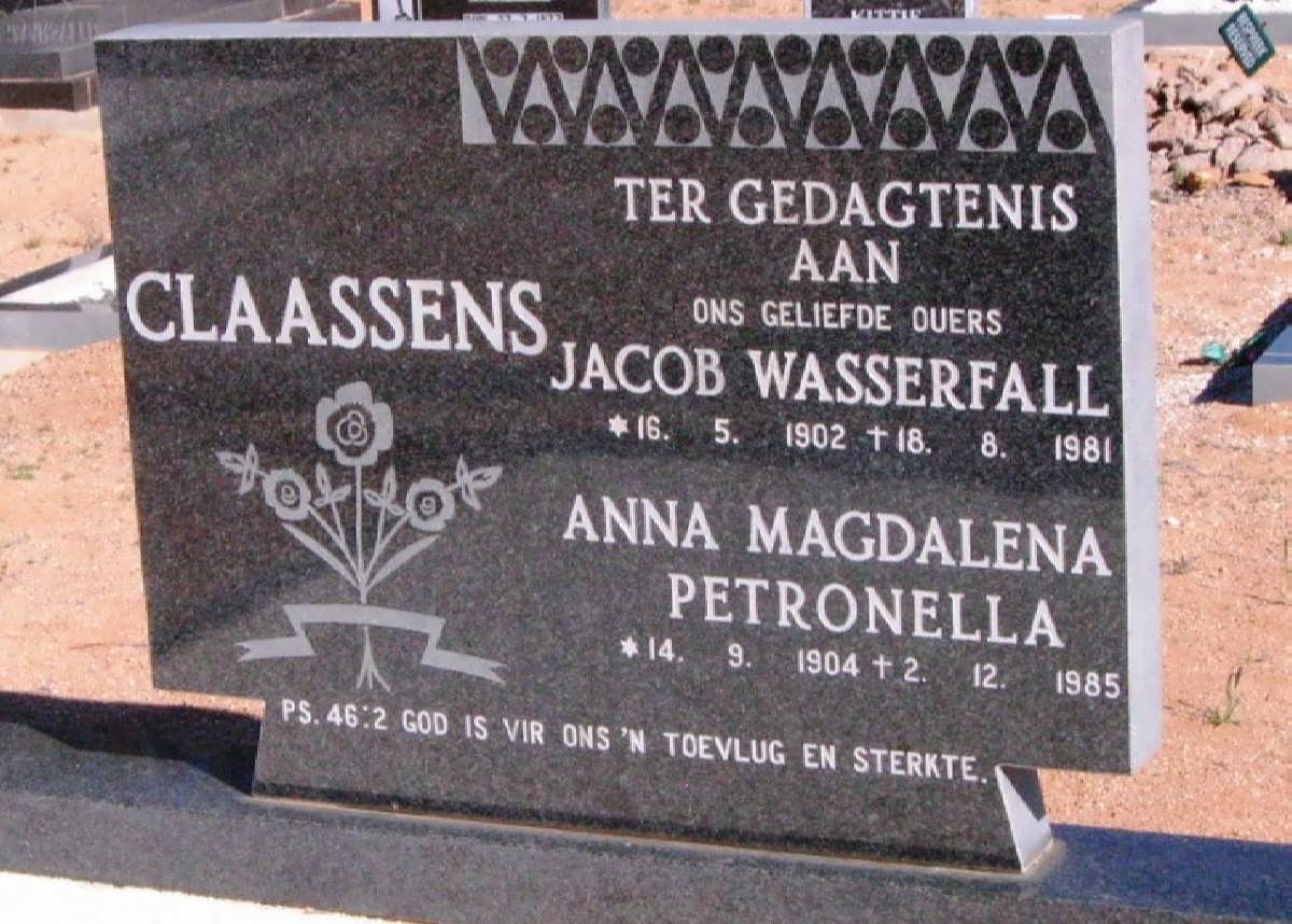 CLAASSENS Jacob Wasserfall 1902-1981 &amp; Anna Magdalena Petronella 1904-1985