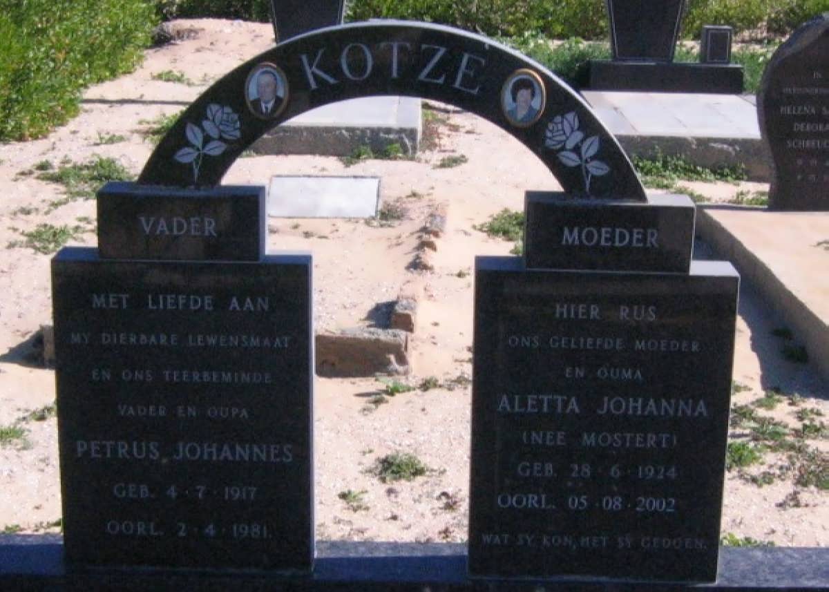 KOTZE Petrus Johannes 1917-1981 &amp; Aletta Johanna MOSTERT 1924-2002