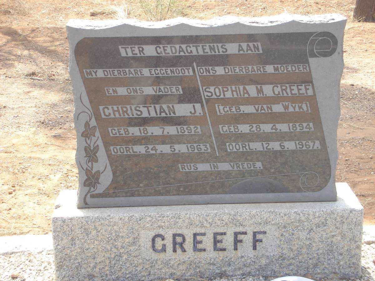 GREEFF Christian J. 1892-1963 &amp; Sophia M. VAN WYK 1894-1967