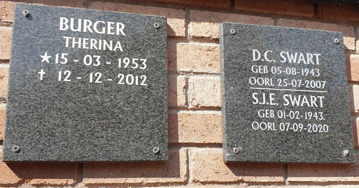 SWART D.C. 1943-2007 &amp; S.J.E. 1943-2020 :: BURGER Therina 1953-2012