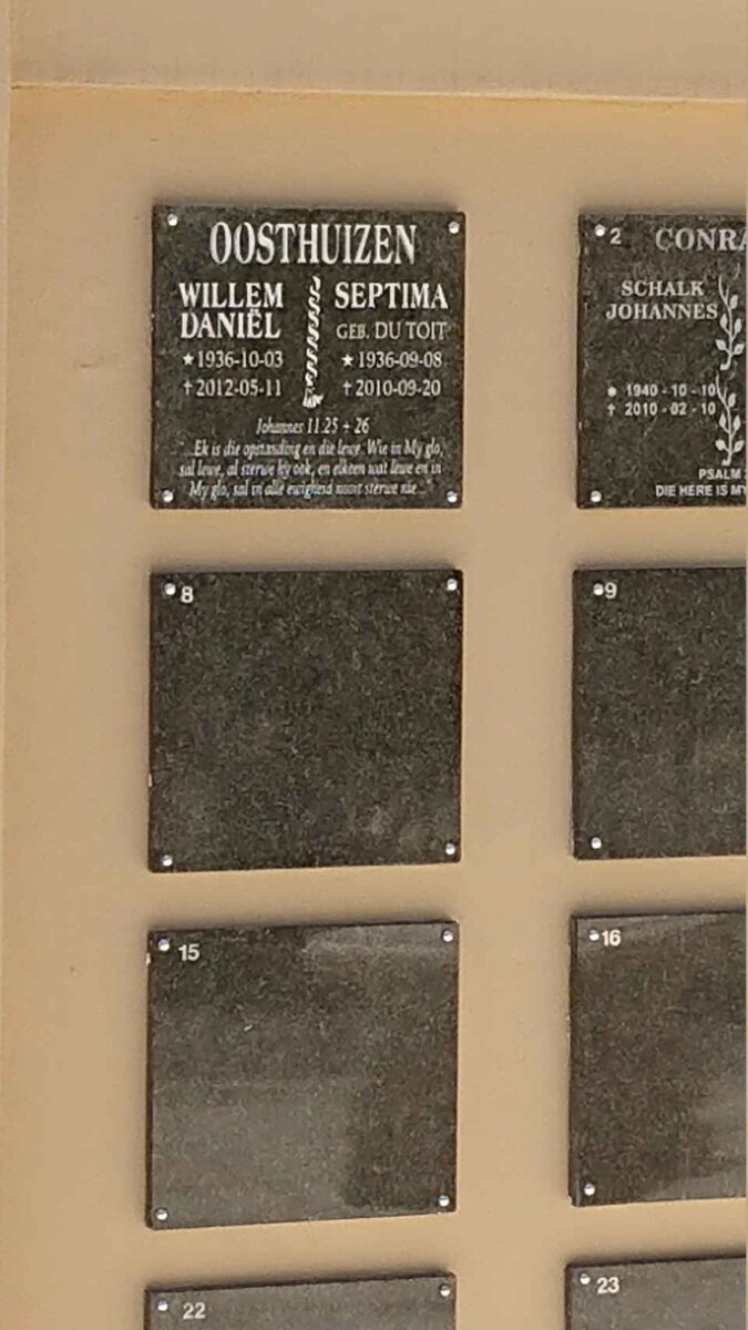 OOSTHUIZEN Willem Daniël 1936-2012 &amp; Septima DU TOIT 1936-2010