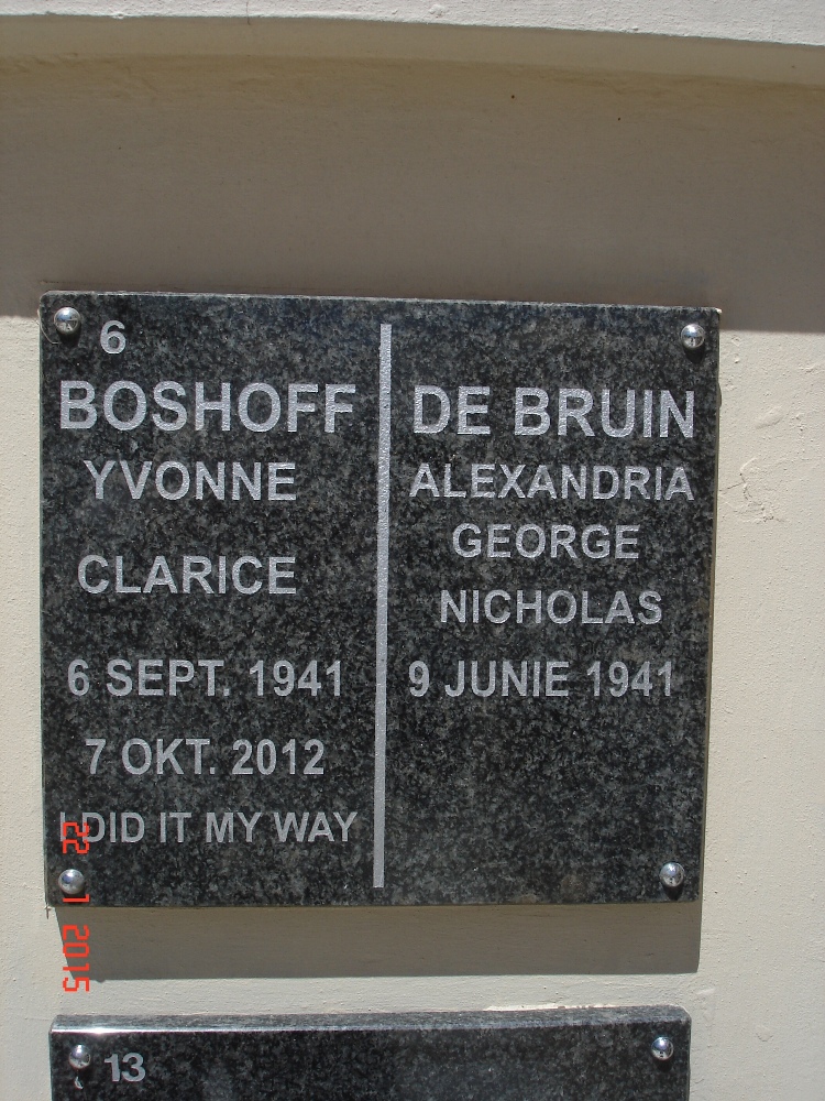 BRUIN Alexandria George Nicholas, de 1941- &amp; Yvonne Clarice BOSHOFF 1941-2012