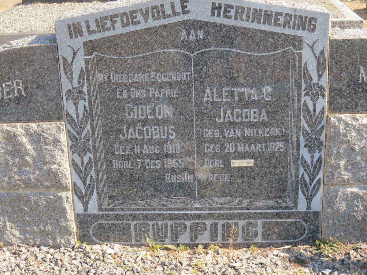 RUPPING Gideon Jacobus 1910-1955 &amp; Aletta C. Jacoba VAN NIEKERK 1925-2006 :: STRYDOM Johannes Jochemus 1928-2006