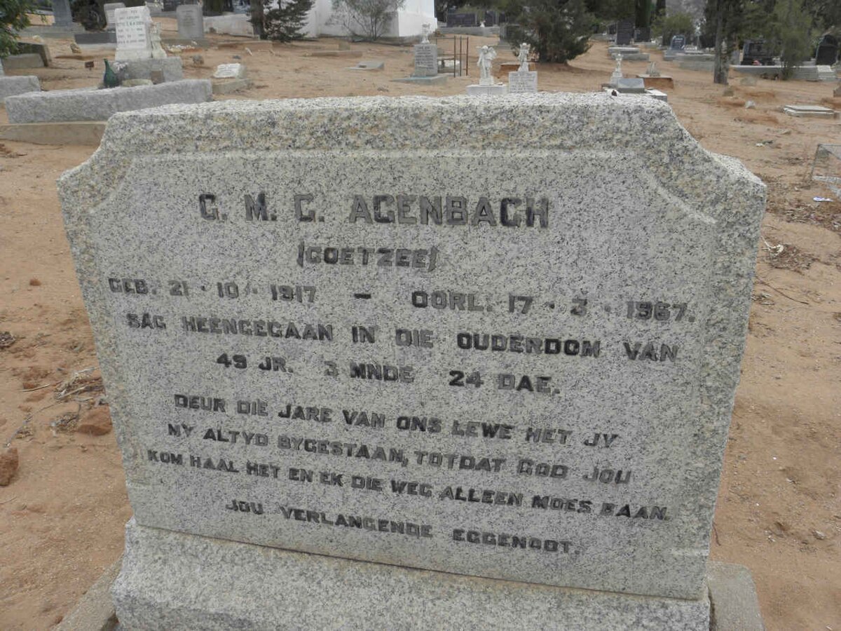 AGENBACH G.M.C. nee COETZEE 1917-1967