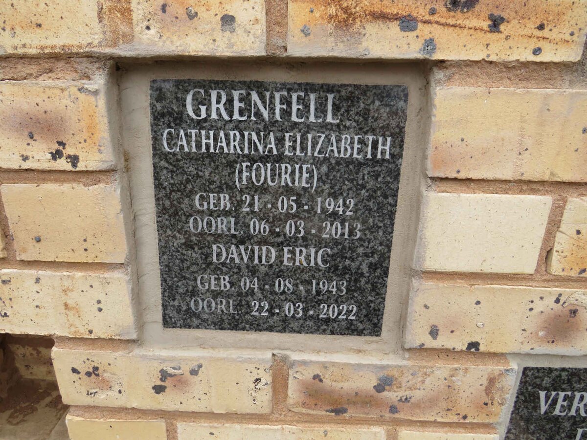 GRENFELL David Eric 1943-2022 & Catharina Elizabeth FOURIE 1942-2013