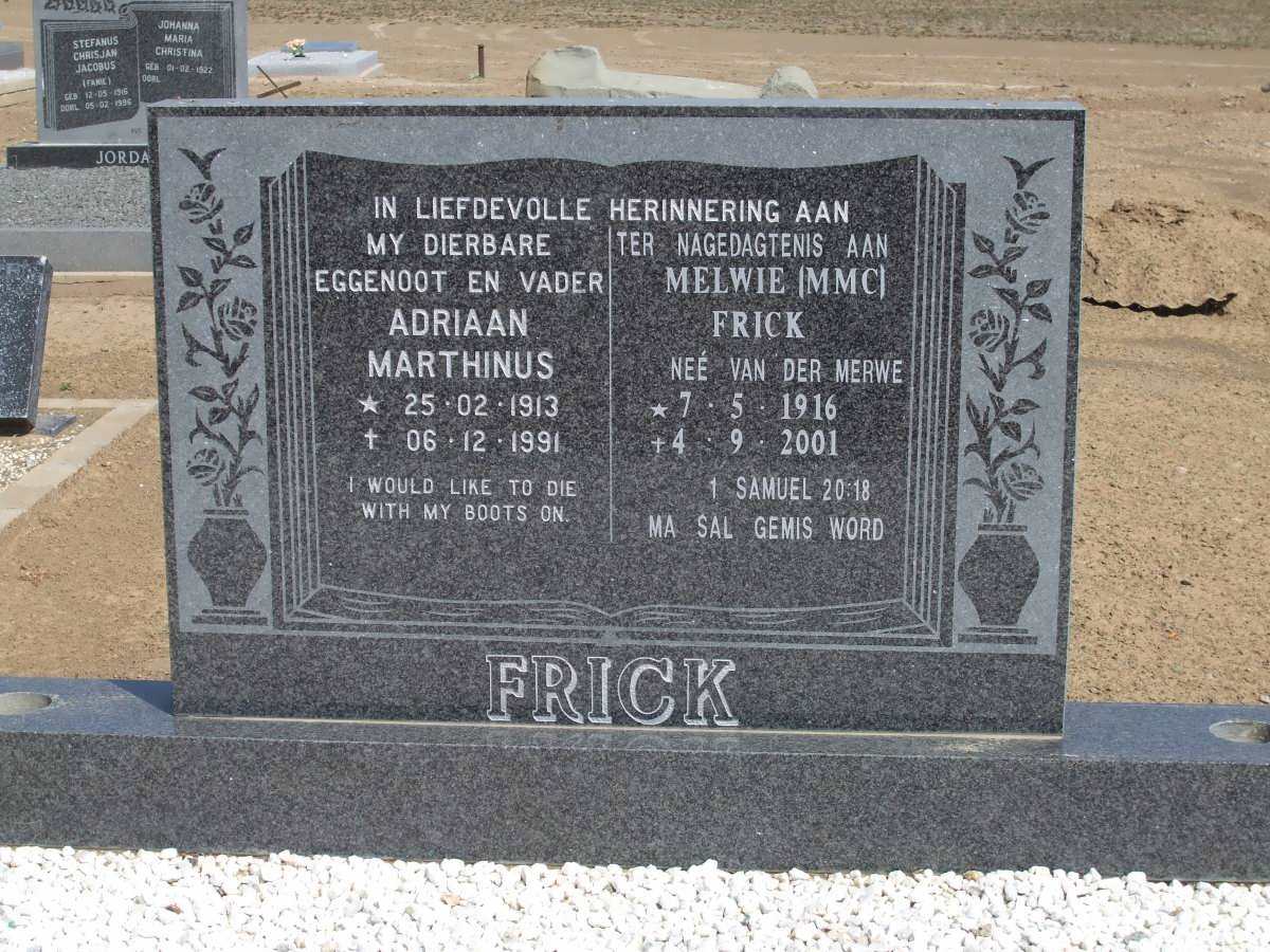 FRICK Adriaan Marthinus 1913-1991 &amp; M.M.C. VAN DER MERWE 1916-2001