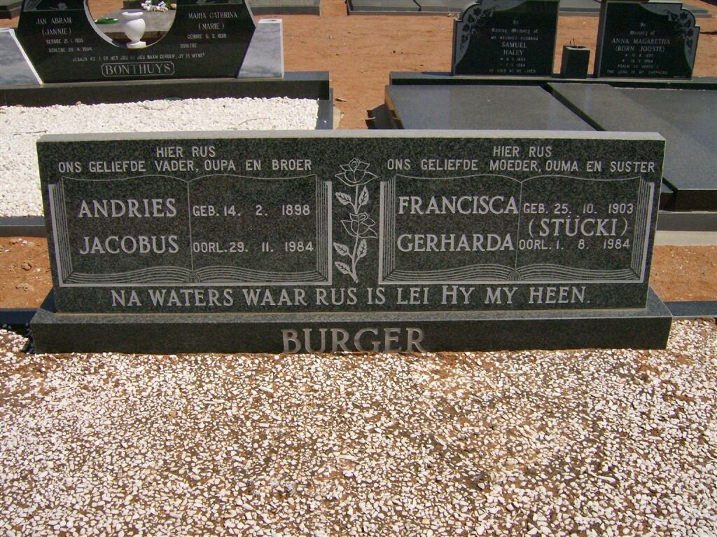 BURGER Andries Jacobus 1898-1984 &amp; Francisca Gerharda STÜCKI 1903-1984
