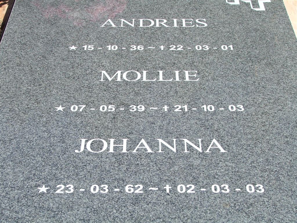 COETZEE Andries 1936-2001 &amp; Mollie 1939-2003 :: COETZEE Johanna 1962-2003