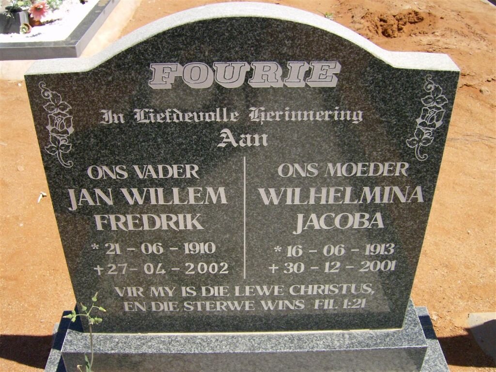 FOURIE Jan Willem Fredrik 1910-2002 &amp; Wilhelmina Jacoba 1913-2001