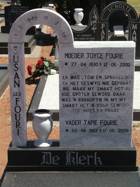 FOURIE Japie 1922-2006 &amp; Joyce 1930-2000 :: DE KLERK Susan nee FOURIE 1949-1997