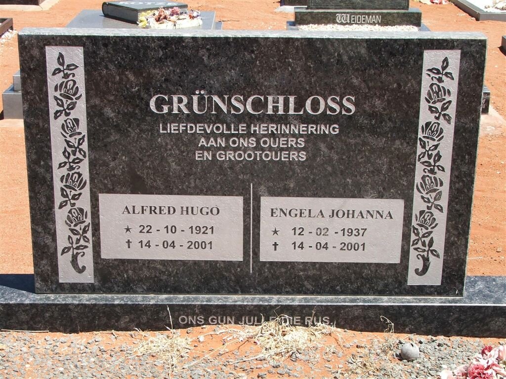 GRÜNSCHLOSS Alfred Hugo 1921-2001 &amp; Engela Johanna 1937-2001