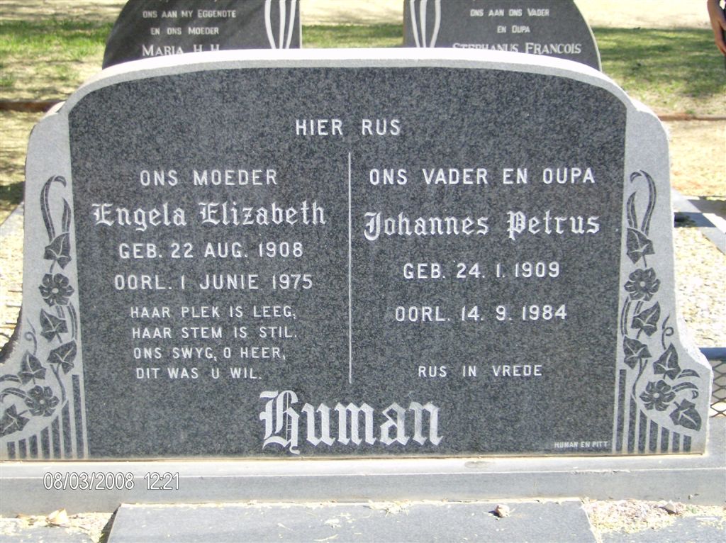 HUMAN Johannes Petrus 1909-1984 &amp; Engela Elizabeth 1908-1975